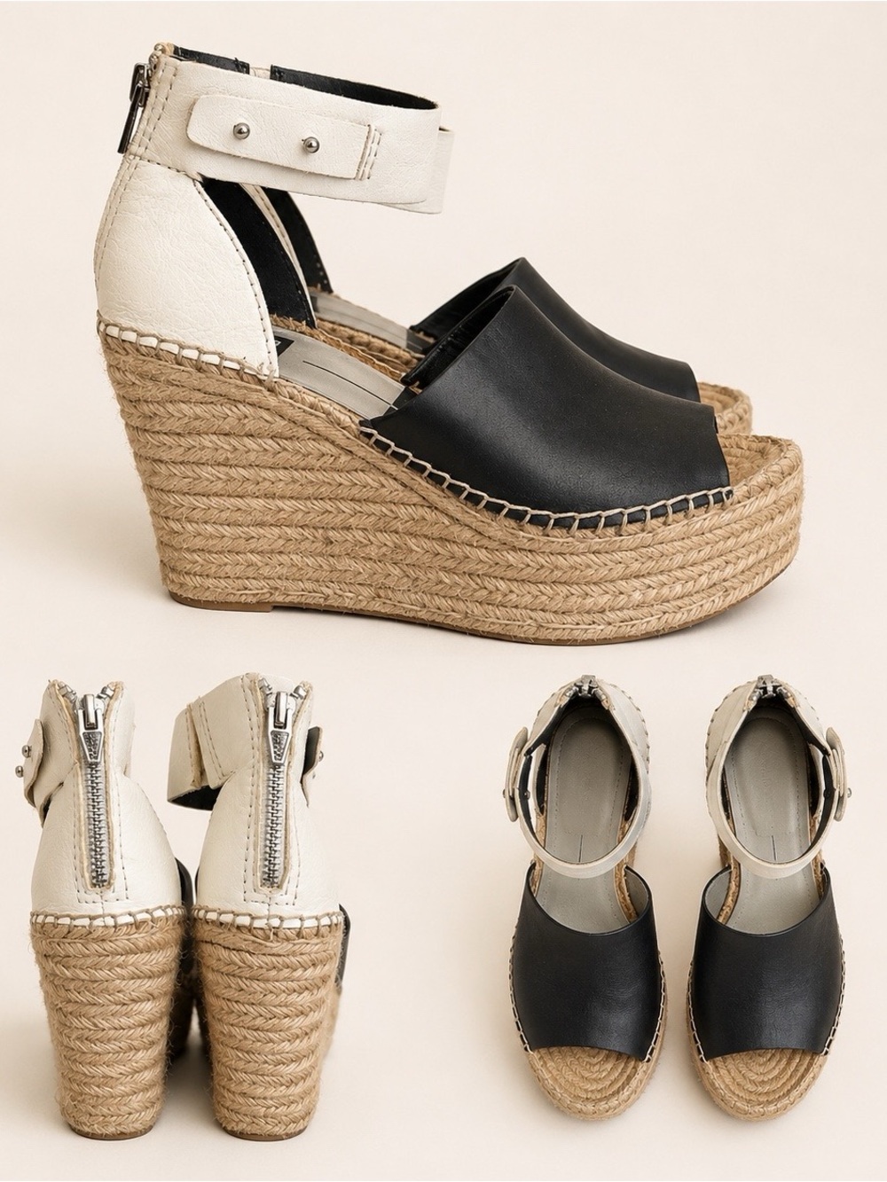Dolce Vita Black and Cream Espadrille Wedge Sandals